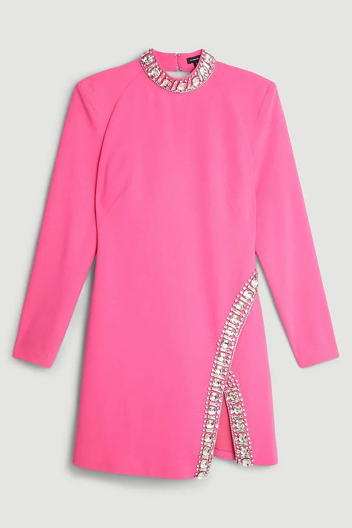 Crystal Embellished Woven Long Sleeve Mini Dress | Karen Millen Crystal Embellished Woven Long Sleeve Mini Dress | Karen Millen